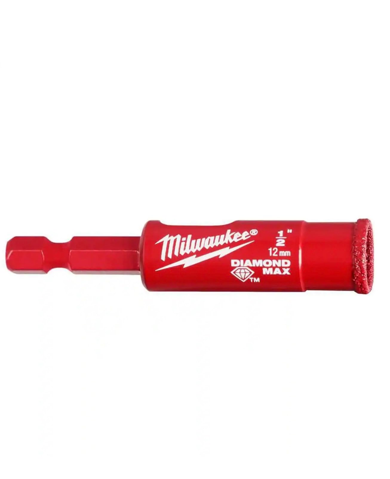Red Milwaukee Diamond Max 1/2" diamond hole saw with hexagonal drive shaft and diamond-coated cutting head.