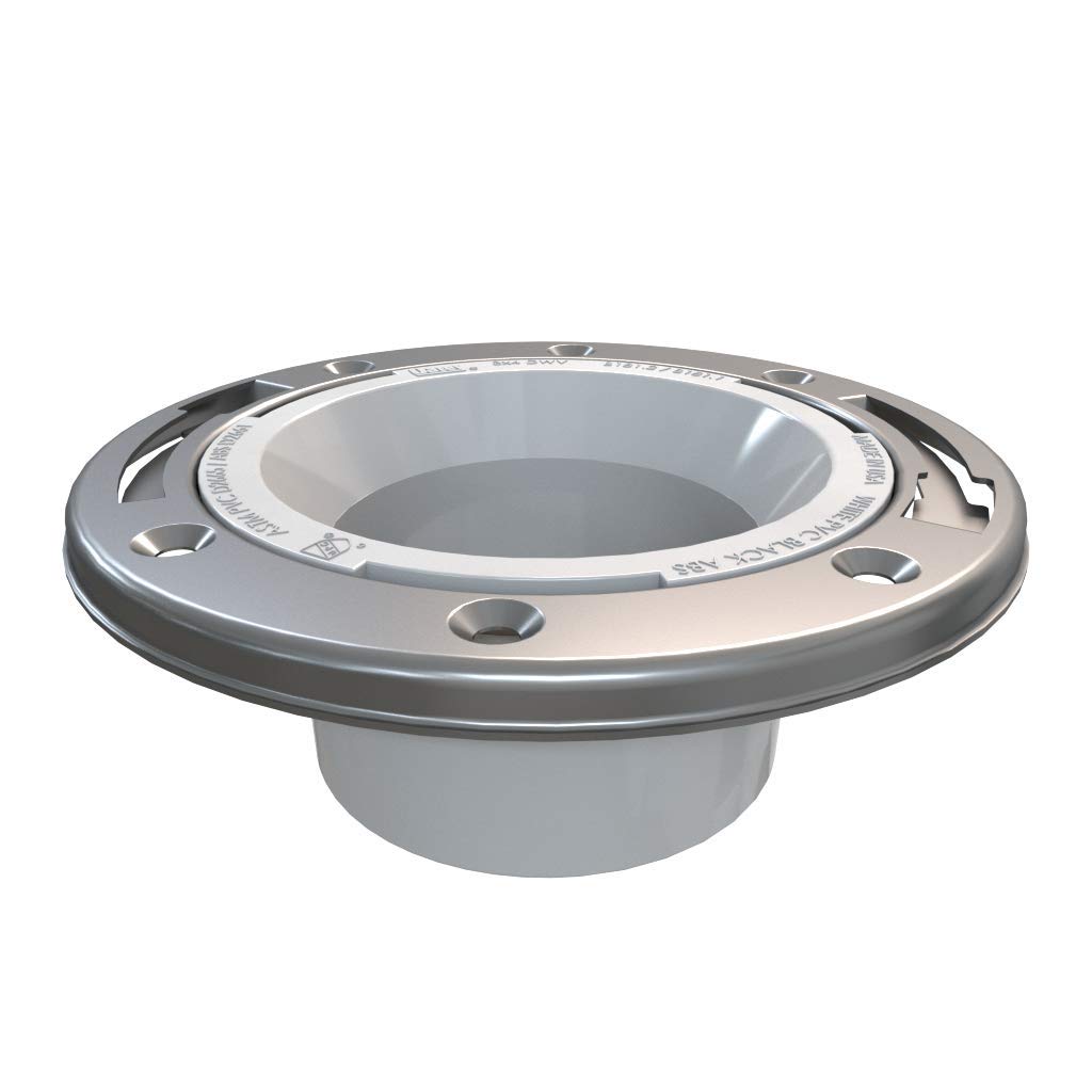 White PVC closet flange with stainless steel ring and mounting holes on flat base.