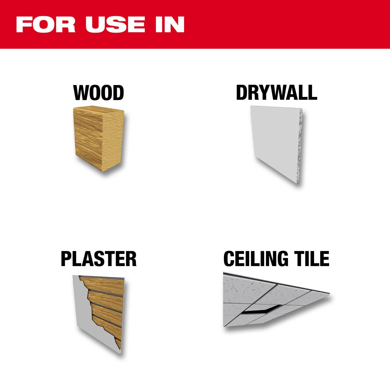 Infographic showing 6-3/8 inch hole saw usage in wood, drywall, plaster, and ceiling tile materials.
