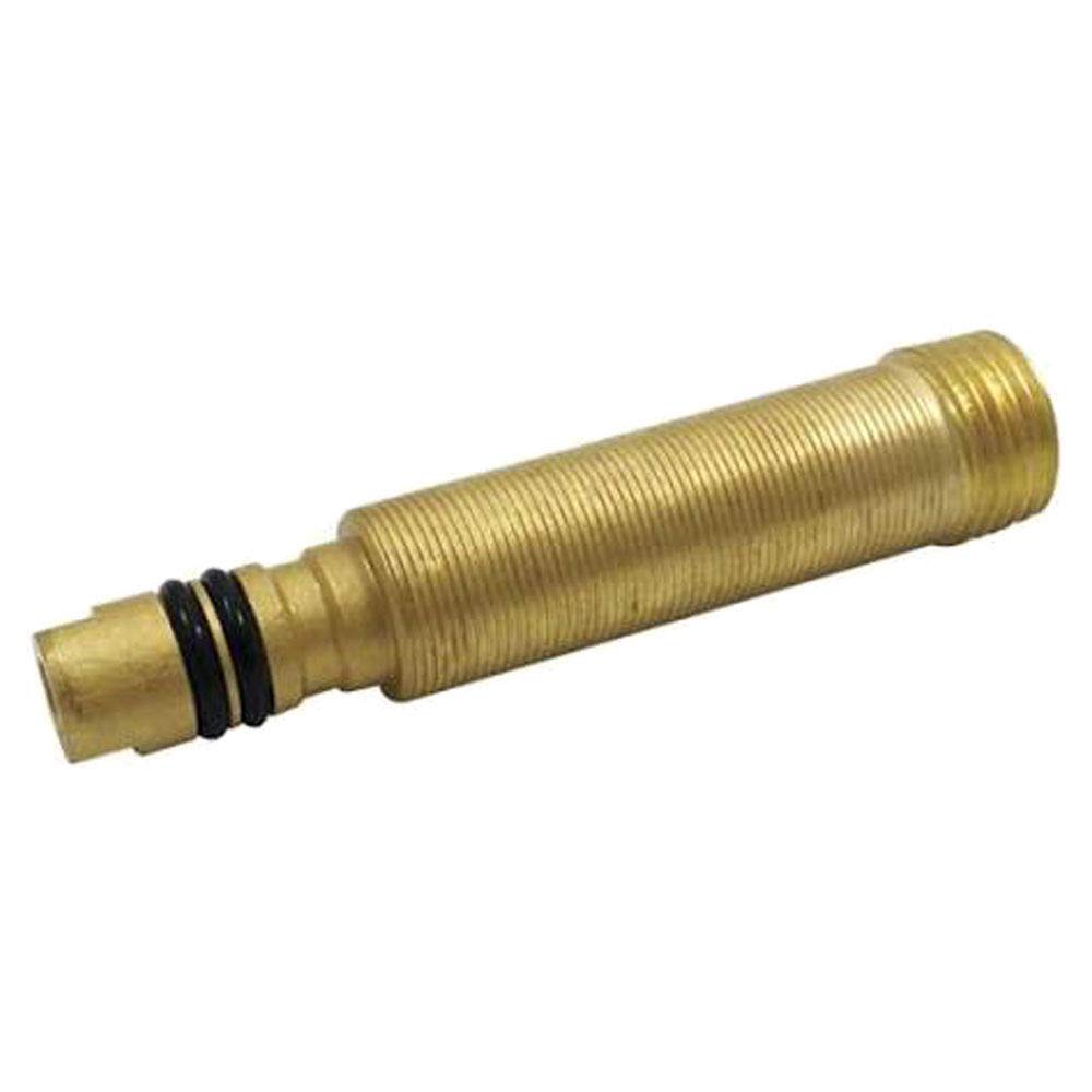 Brass flow restrictor with threaded body and black rubber seals on cylindrical end.