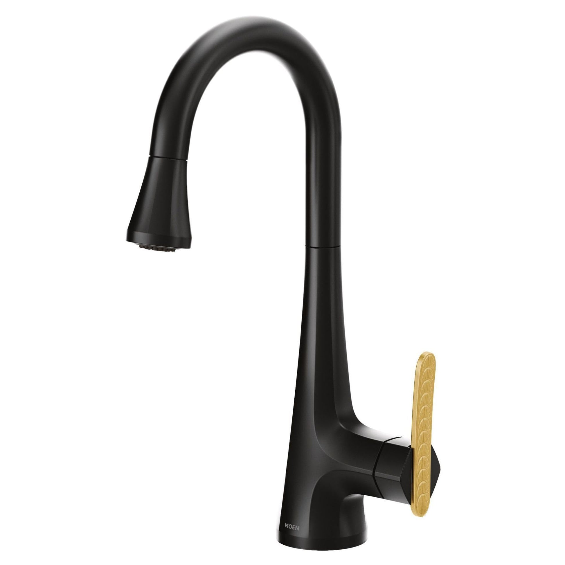 Moen Sinema matte black pulldown bar faucet with high arc spout and gold handle lever.