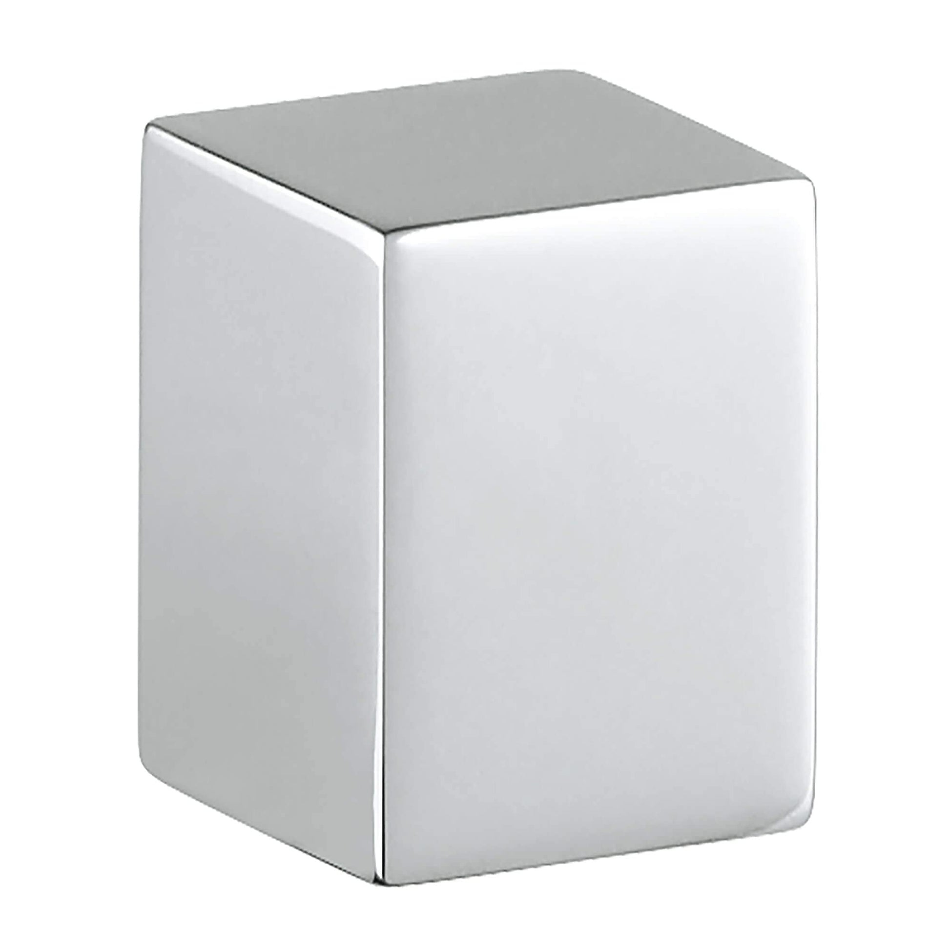 Chrome-finished square faucet handle with rounded corners and flat top surface.