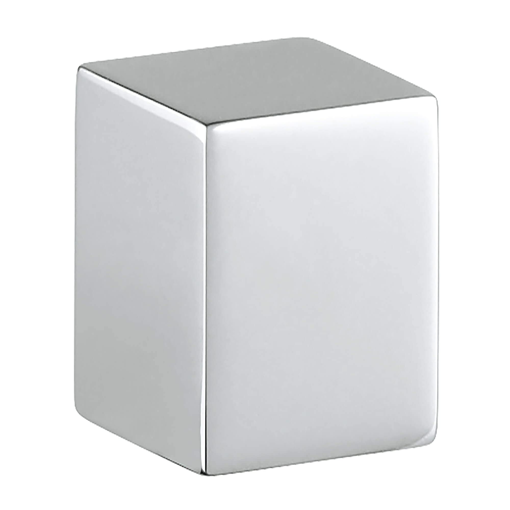 Chrome-finished square faucet handle with rounded corners and flat top surface.