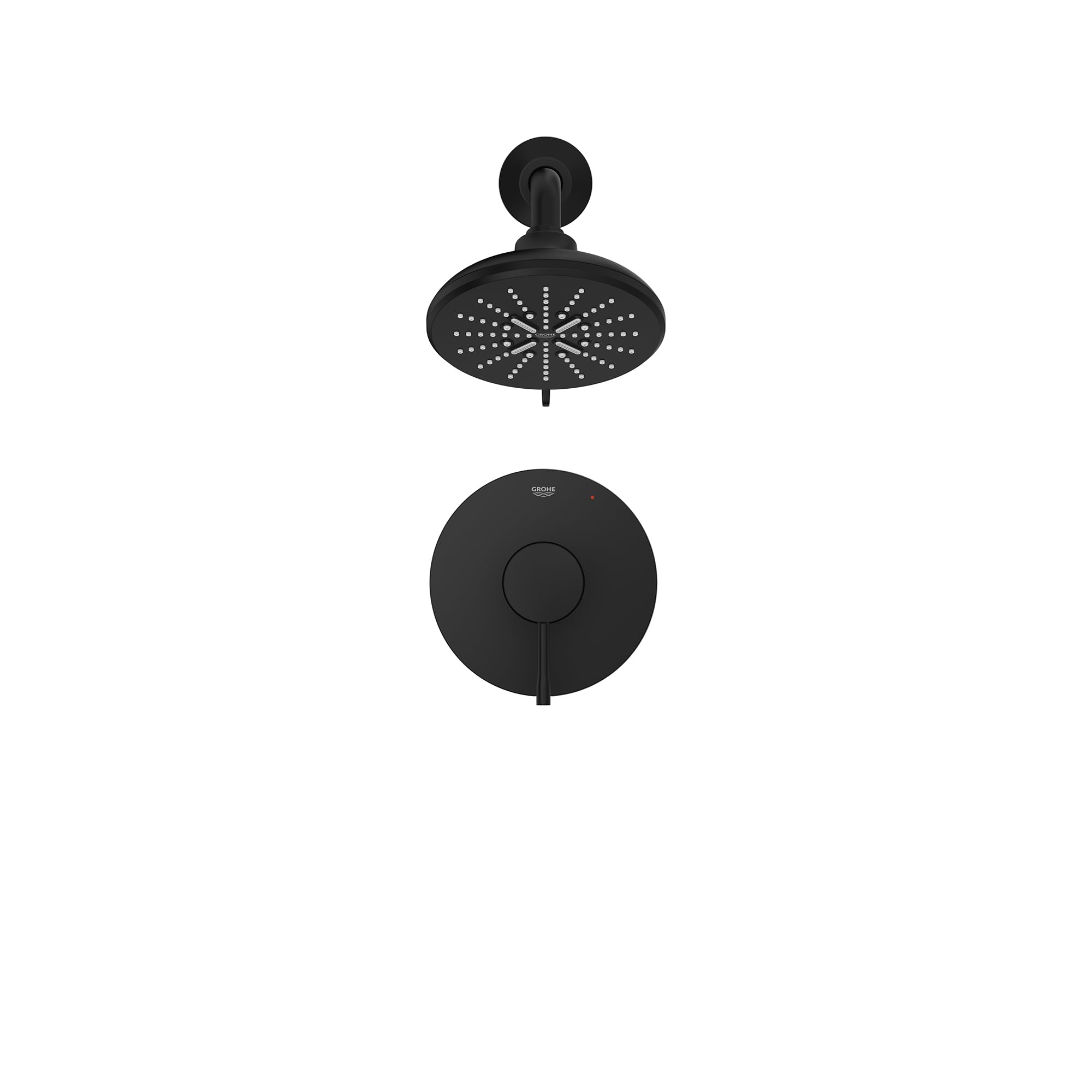 Matte black shower valve combo with round trim plate, control handle, and overhead rainfall showerhead with spray holes.