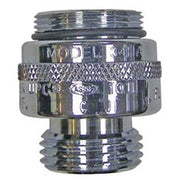 Chrome hose adapter with threaded male and female connections and textured grip band.