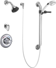 Chrome shower system with fixed showerhead, hand shower with hose, grab bar, diverter valve, and single-handle control.