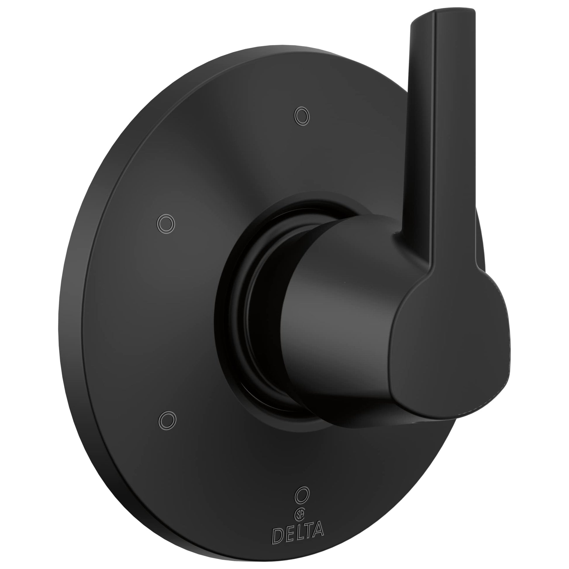 Matte black round trim plate with lever handle and mounting holes for shower diverter valve.