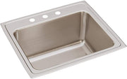Stainless steel drop-in sink with single bowl and three faucet holes along the rim.