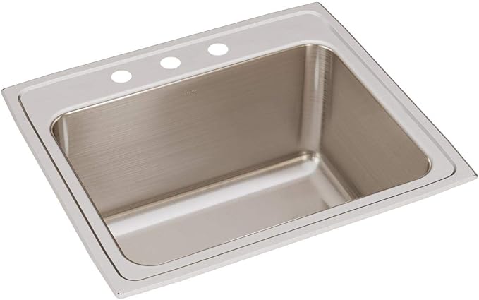 Stainless steel drop-in sink with single bowl and three faucet holes along the rim.