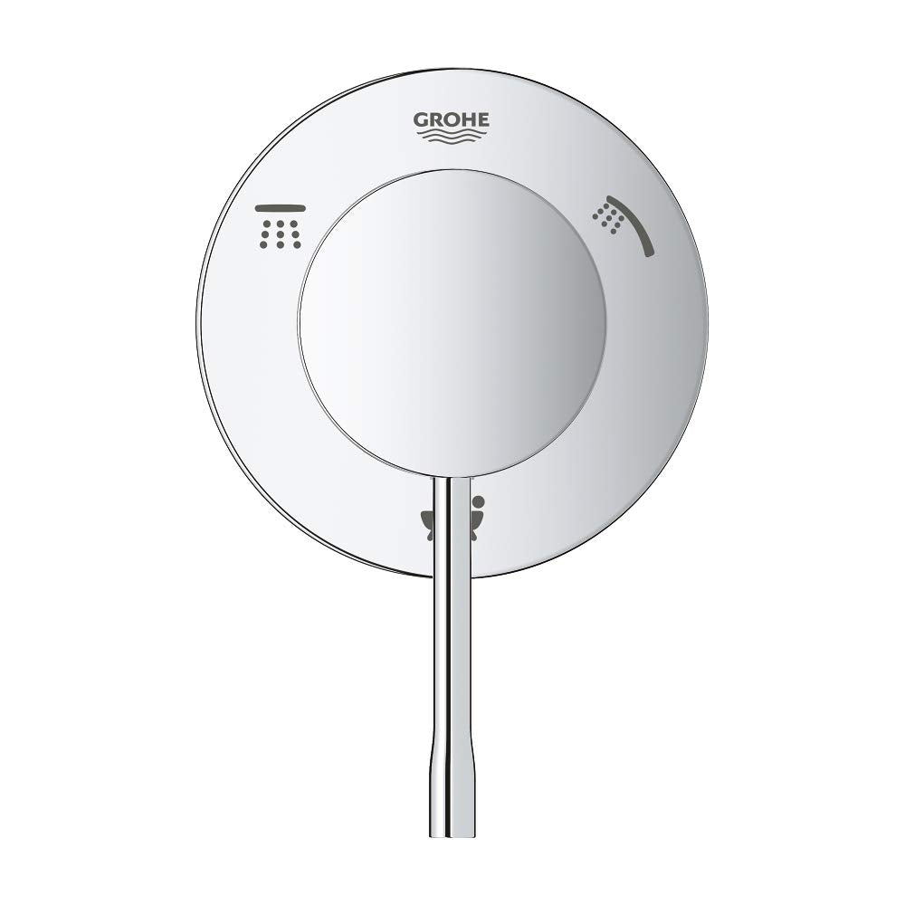Grohe Essence chrome circular 3-way diverter trim with showerhead and raincan icons and central rotating dial.