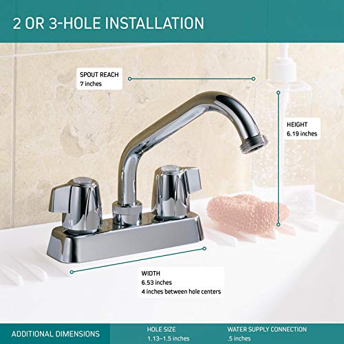 Chrome two-handle laundry faucet with curved spout, 7-inch reach, 6.19-inch height, for 2 or 3-hole sink installation.
