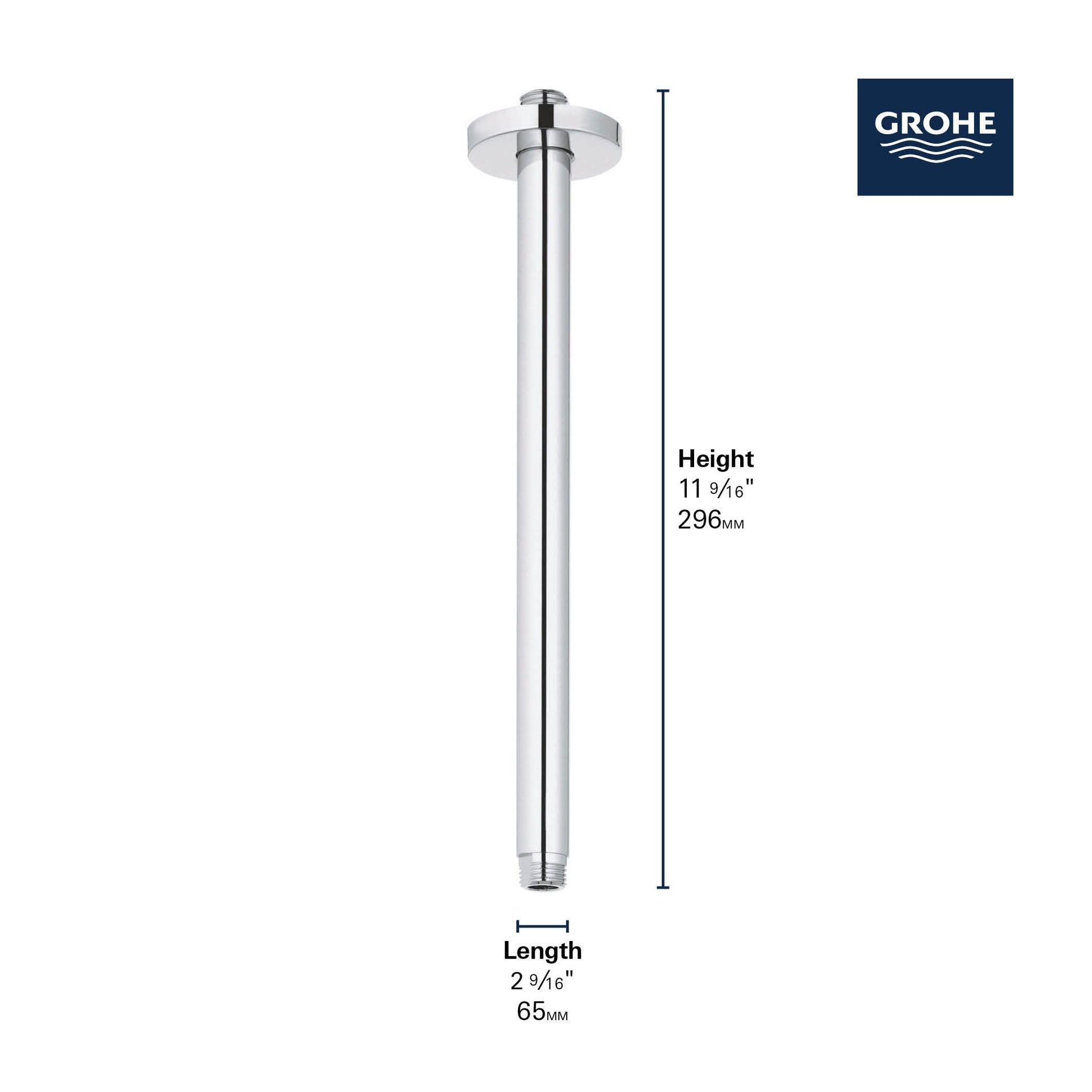 Grohe chrome ceiling shower arm with round mounting flange and threaded connection end.
