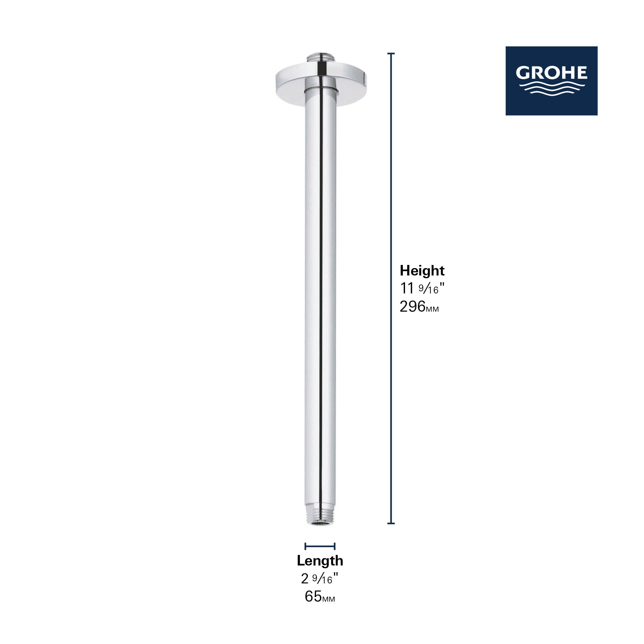 Grohe chrome ceiling shower arm with round mounting flange and threaded connection end.