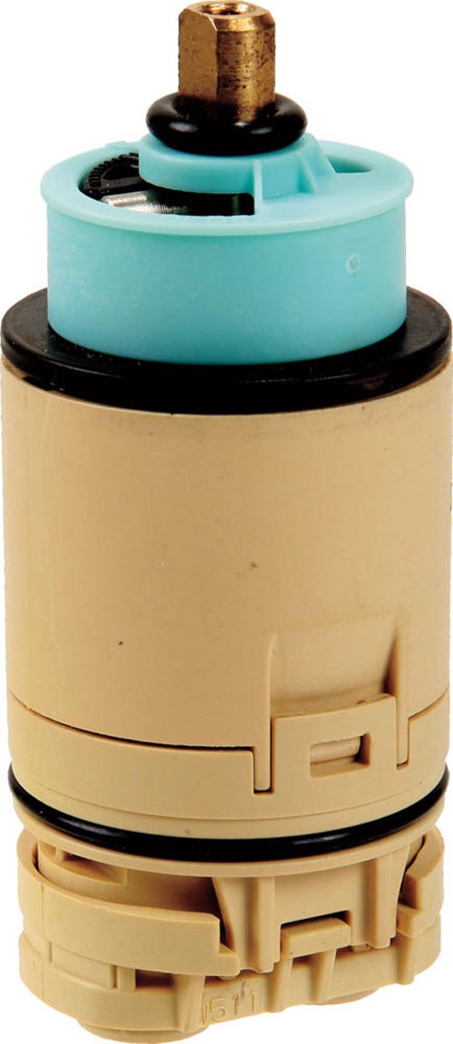 Peerless valve cartridge with brass stem, turquoise and black plastic body, and tan exterior housing.