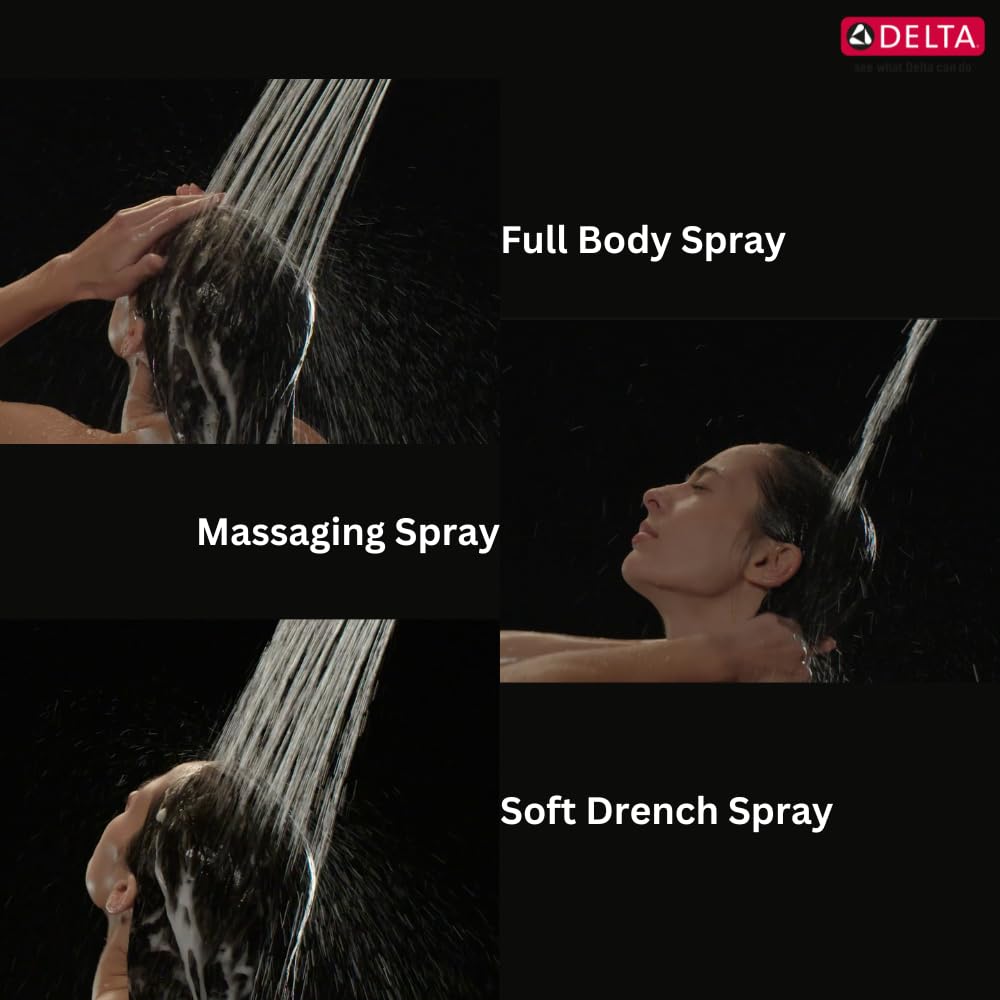 Chrome showerhead showing three spray settings: full body spray, massaging spray, and soft drench spray.