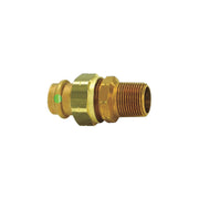 Bronze press union fitting with hexagonal center nut, threaded male connection, and green indicator band on left side.