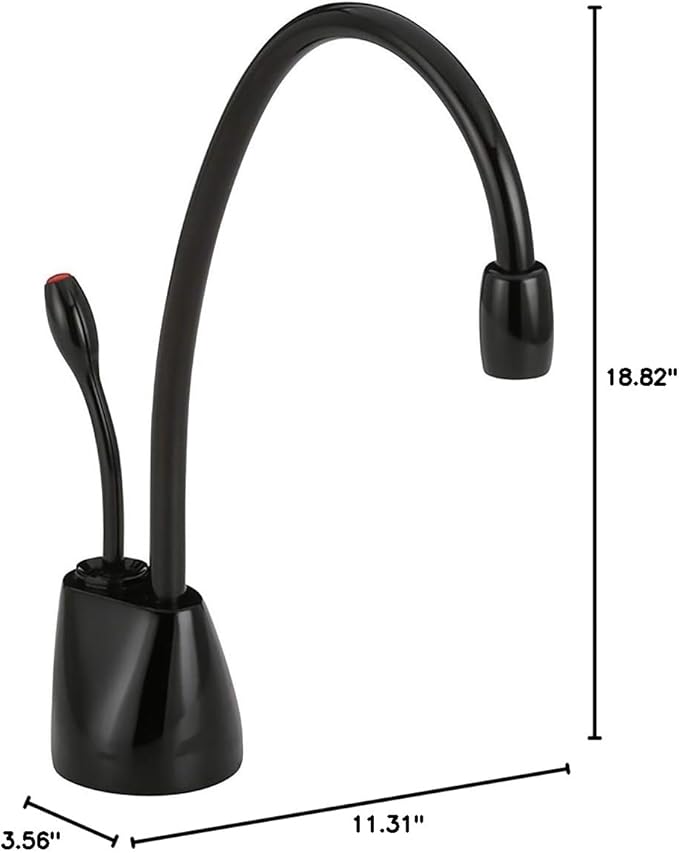 Gloss black instant hot water dispenser faucet with curved spout and compact base unit, 18.82" tall.