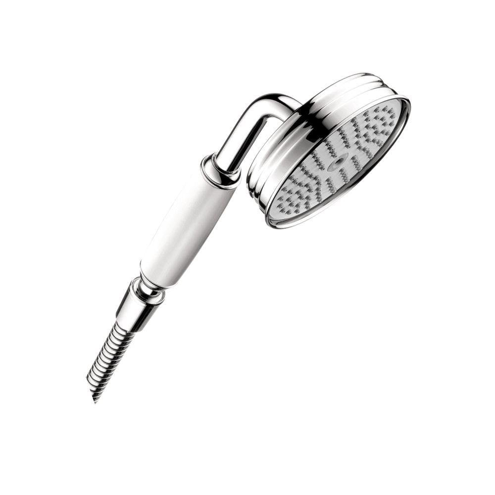 Chrome handshower with white grip handle, round perforated head, and flexible hose connector.