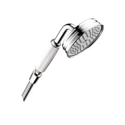 Chrome handshower with white grip handle, round perforated head, and flexible hose connector.
