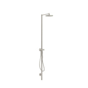 Steel optic shower column with overhead showerhead, handheld spray wand, and adjustable slide bar.