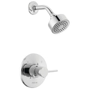 Chrome shower trim with round showerhead and wall-mounted control valve with temperature dial.