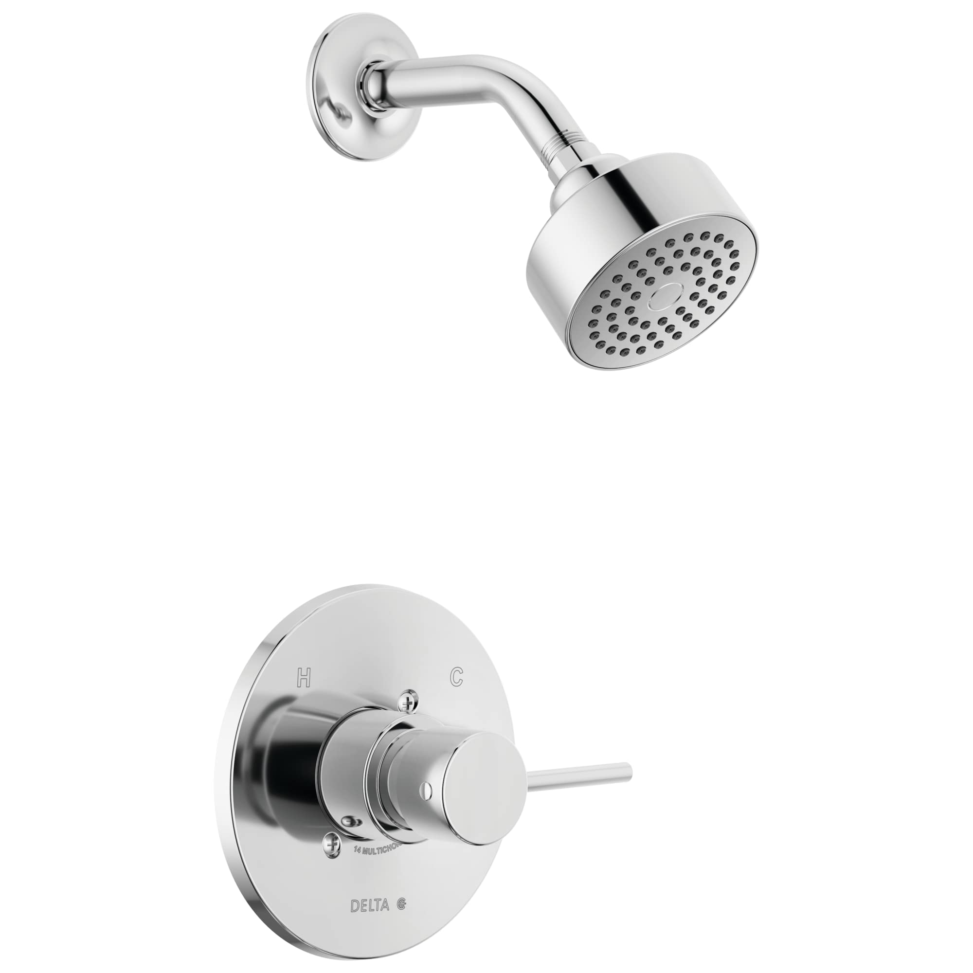 Chrome shower trim with round showerhead and wall-mounted control valve with temperature dial.