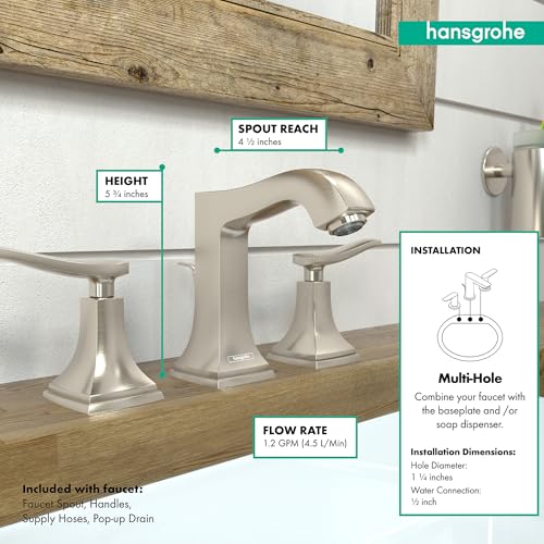 Brushed nickel three-piece widespread bathroom faucet with curved spout, lever handles, and pop-up drain shown installed on s
