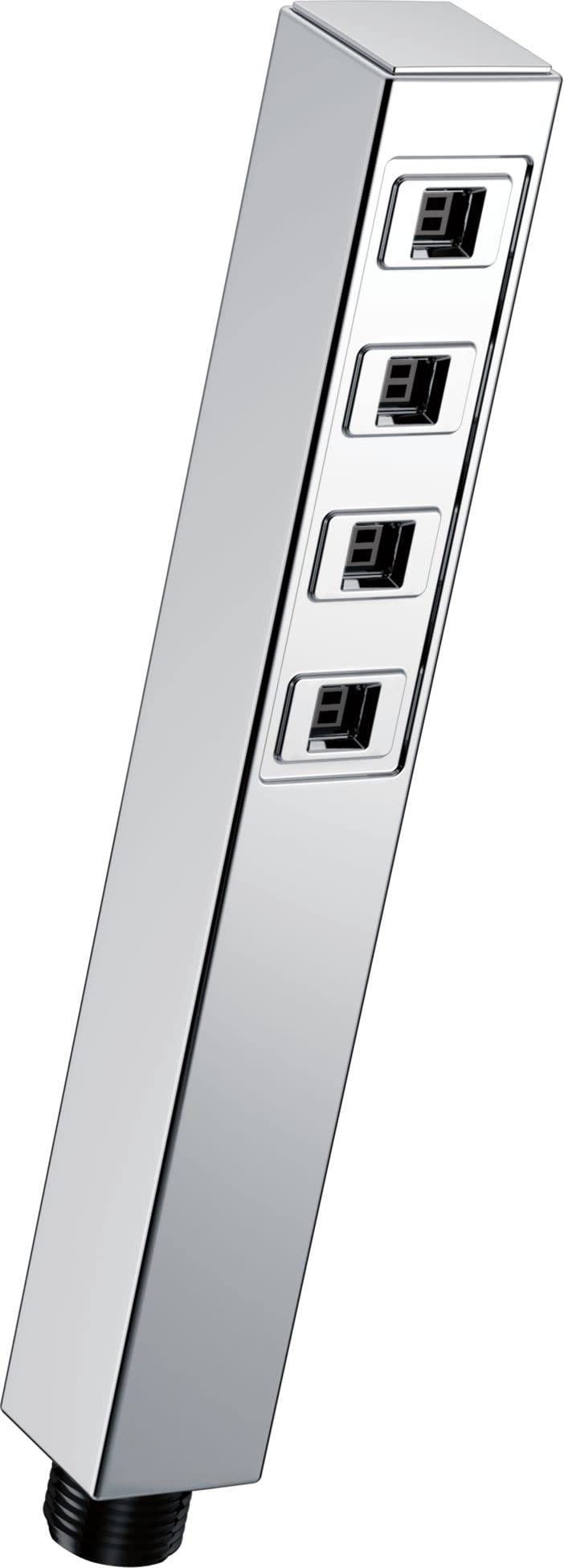 Chrome square hand shower with four spray outlet ports and black grip base.