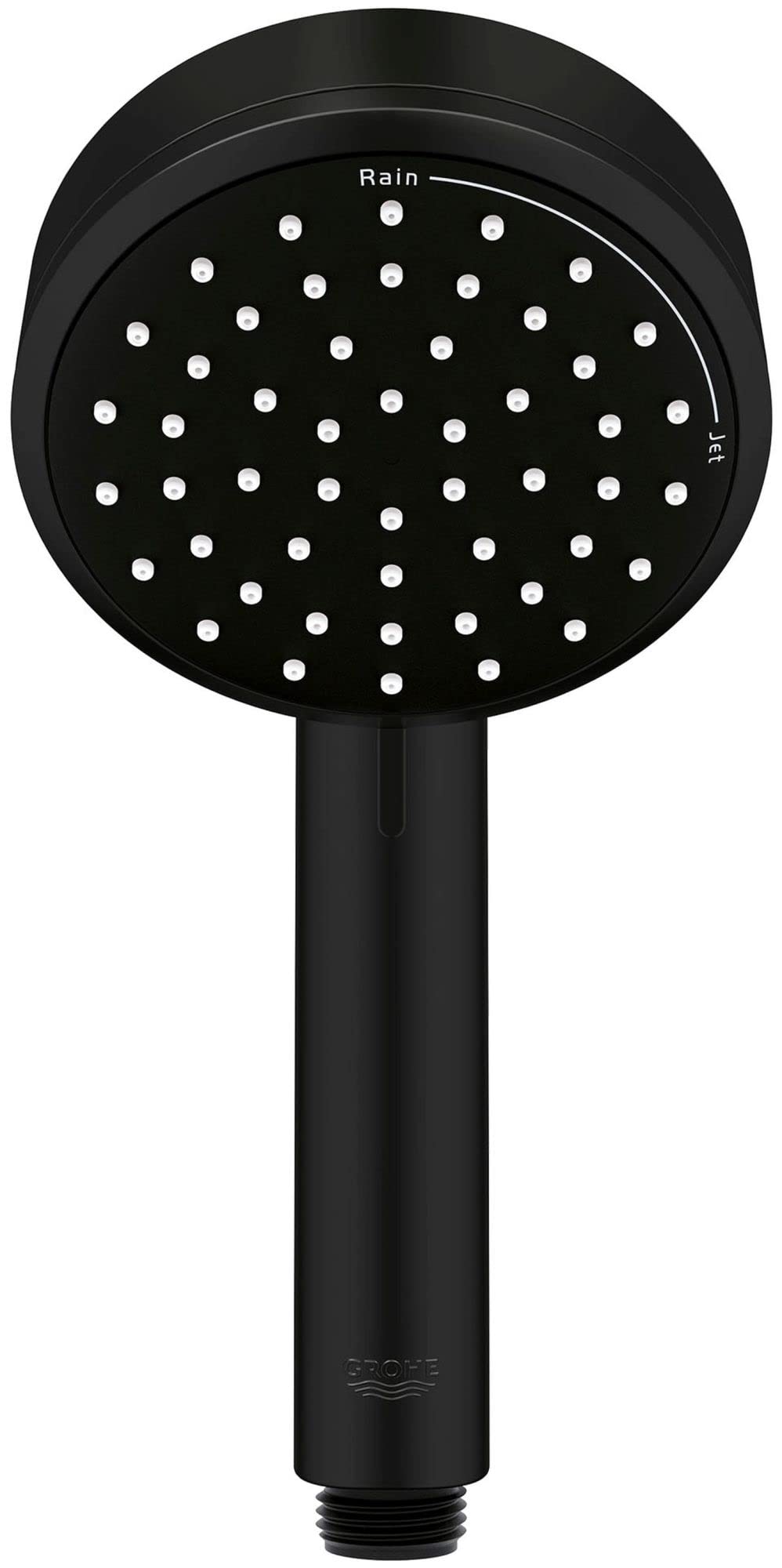 Black round hand shower head with multiple spray holes labeled "Rain" and "Jet" modes, attached to cylindrical handle.