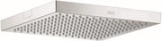 Chrome square shower head with multiple jets mounted on rectangular trim plate.