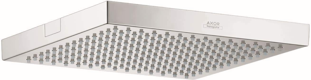 Chrome square shower head with multiple jets mounted on rectangular trim plate.