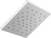 Square chrome shower head with multiple small holes in grid pattern and white trim ring.