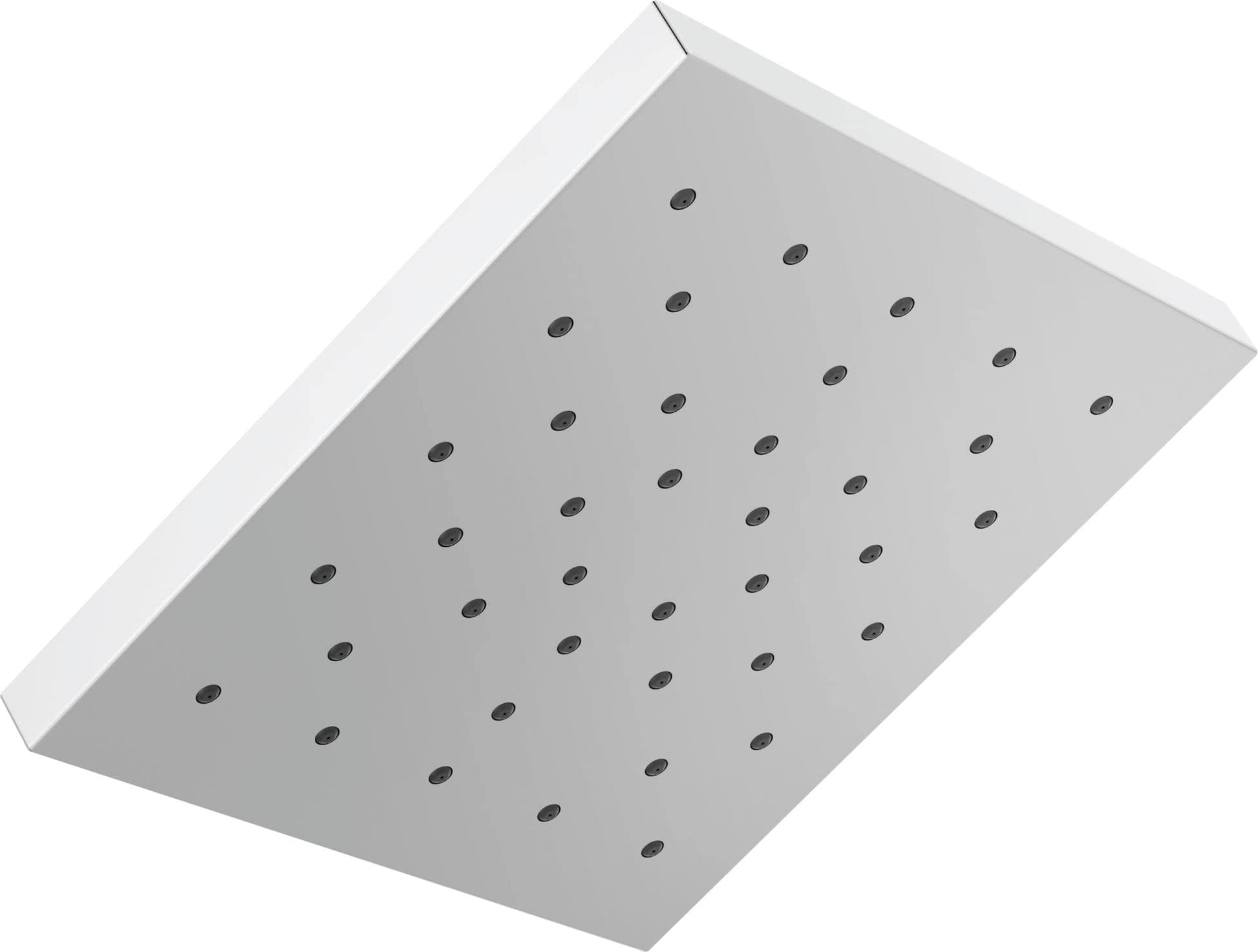 Square chrome shower head with multiple small holes in grid pattern and white trim ring.
