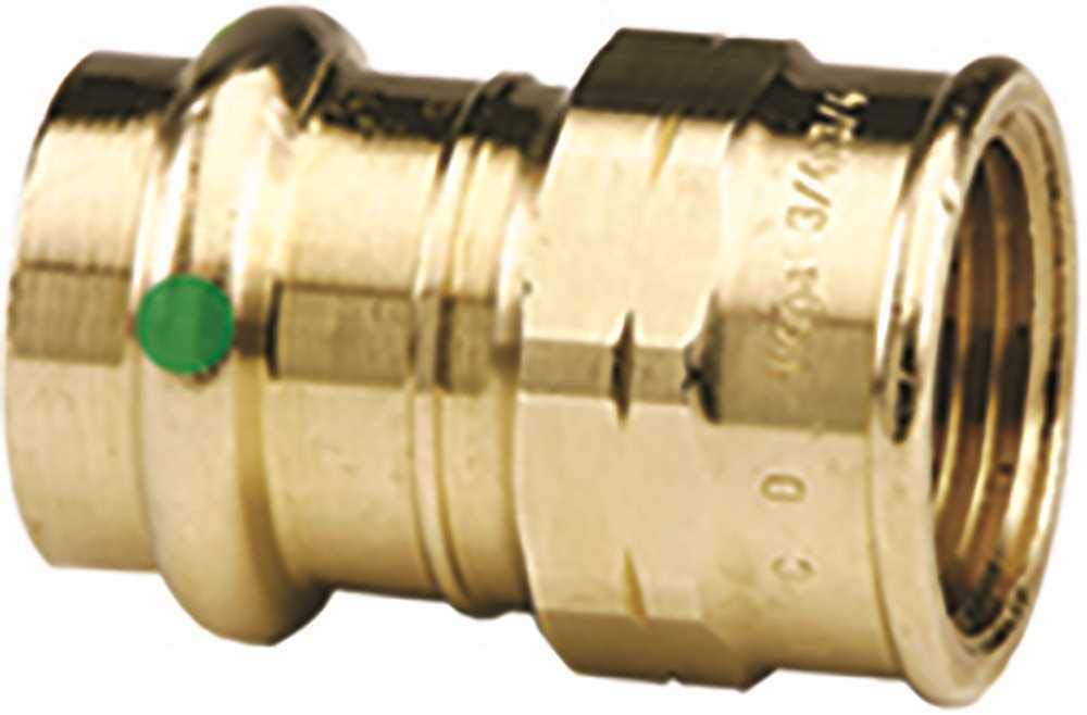 Bronze press adapter with 3/4" press connection on left and 3/4" female thread on right, green indicator dot visible.