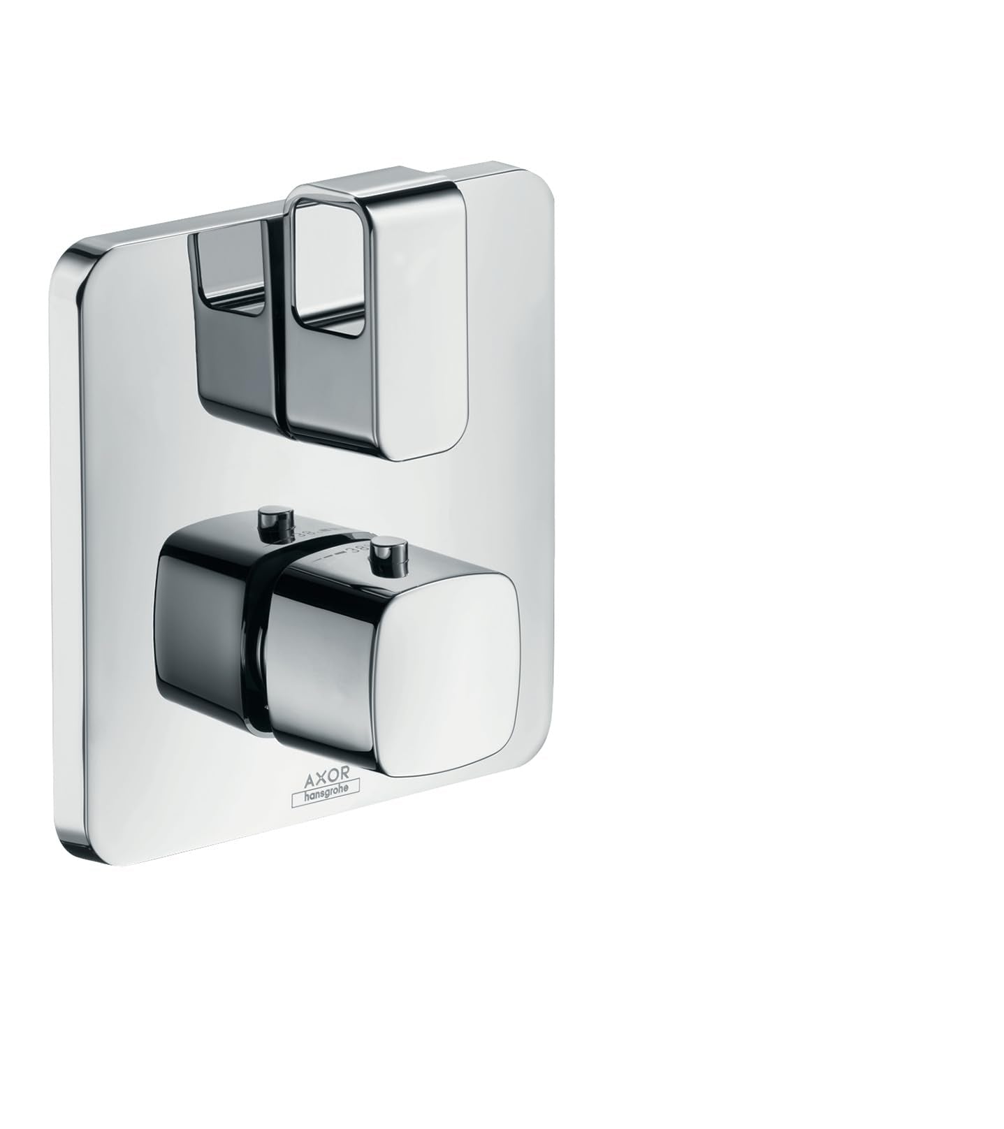 Chrome thermostatic shower trim with two handles mounted on white square plate for volume control and diverter.
