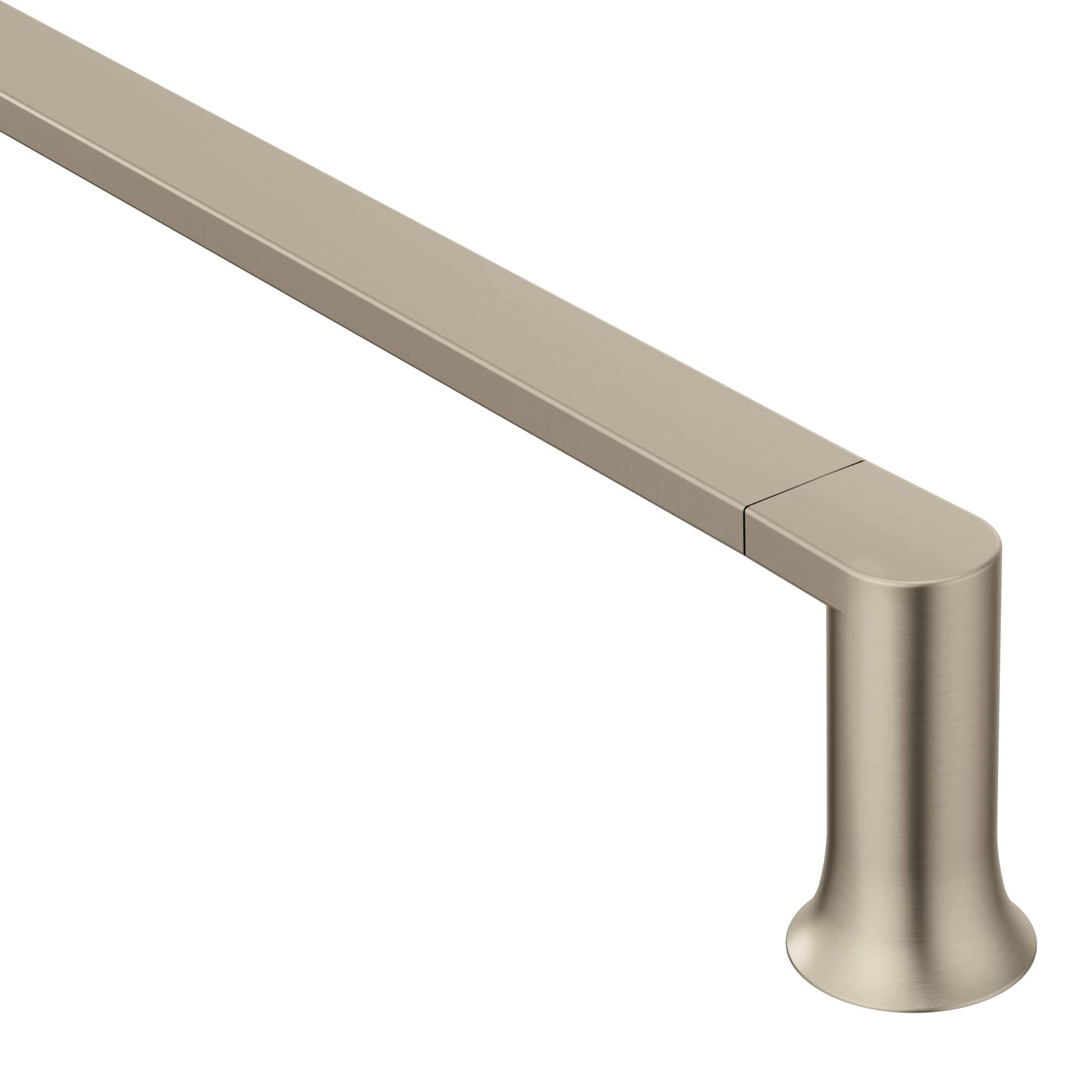 Brushed nickel wall-mount towel bar with cylindrical end support and horizontal rod.