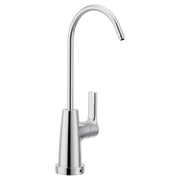 Chrome drinking water faucet with curved gooseneck spout and single lever handle.