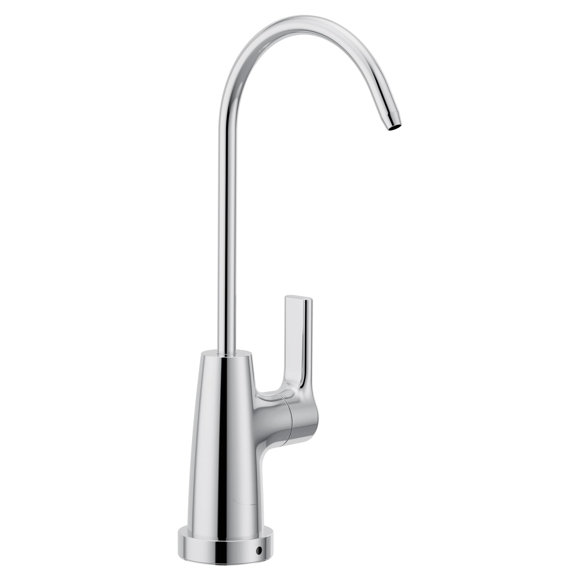 Chrome drinking water faucet with curved gooseneck spout and single lever handle.