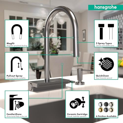 Brushed black chrome high arc kitchen faucet with pull-down spray head and magnetic docking, shown in modern kitchen setting 