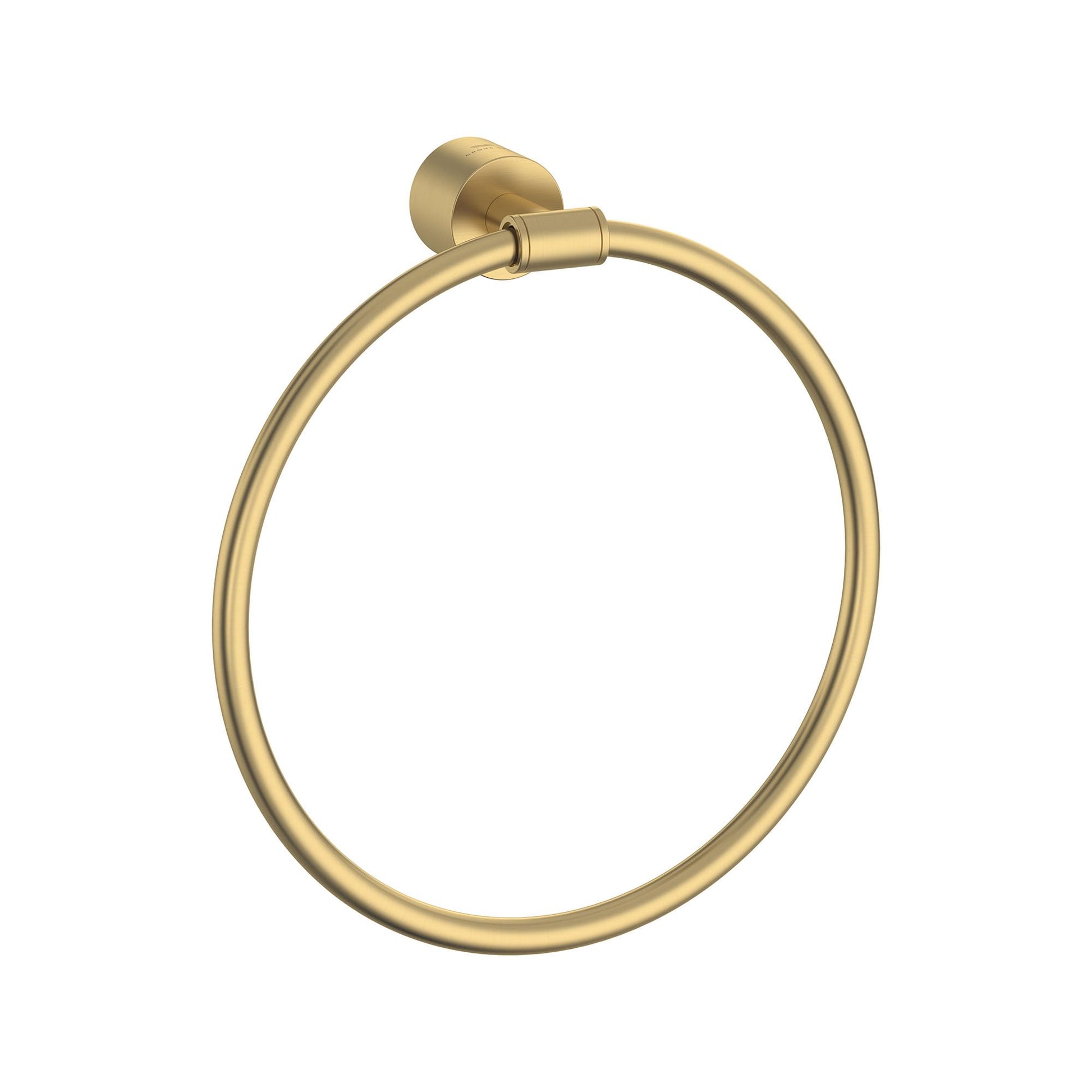 Brushed gold circular towel ring with wall-mounted cylindrical fixture.