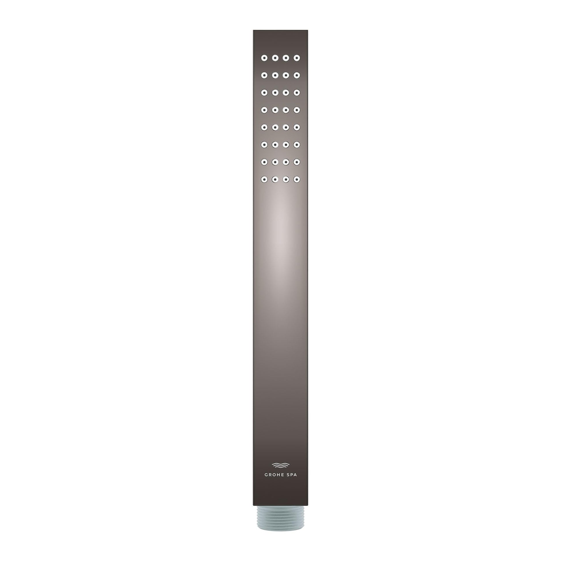 Grohe Concetto hand shower with square head featuring multiple spray holes and hard graphite finish.