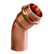Copper 45-degree elbow fitting with press connection and female threaded outlet, green indicator dot visible.