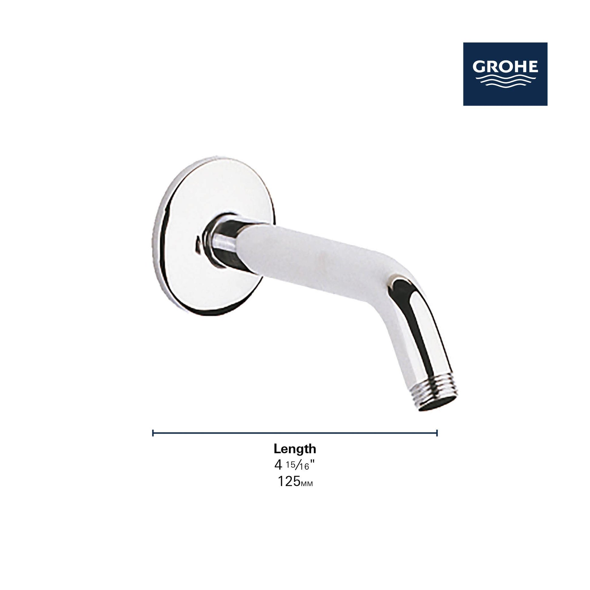 Matte black curved shower arm with circular wall flange and threaded connector, 5 inches long.