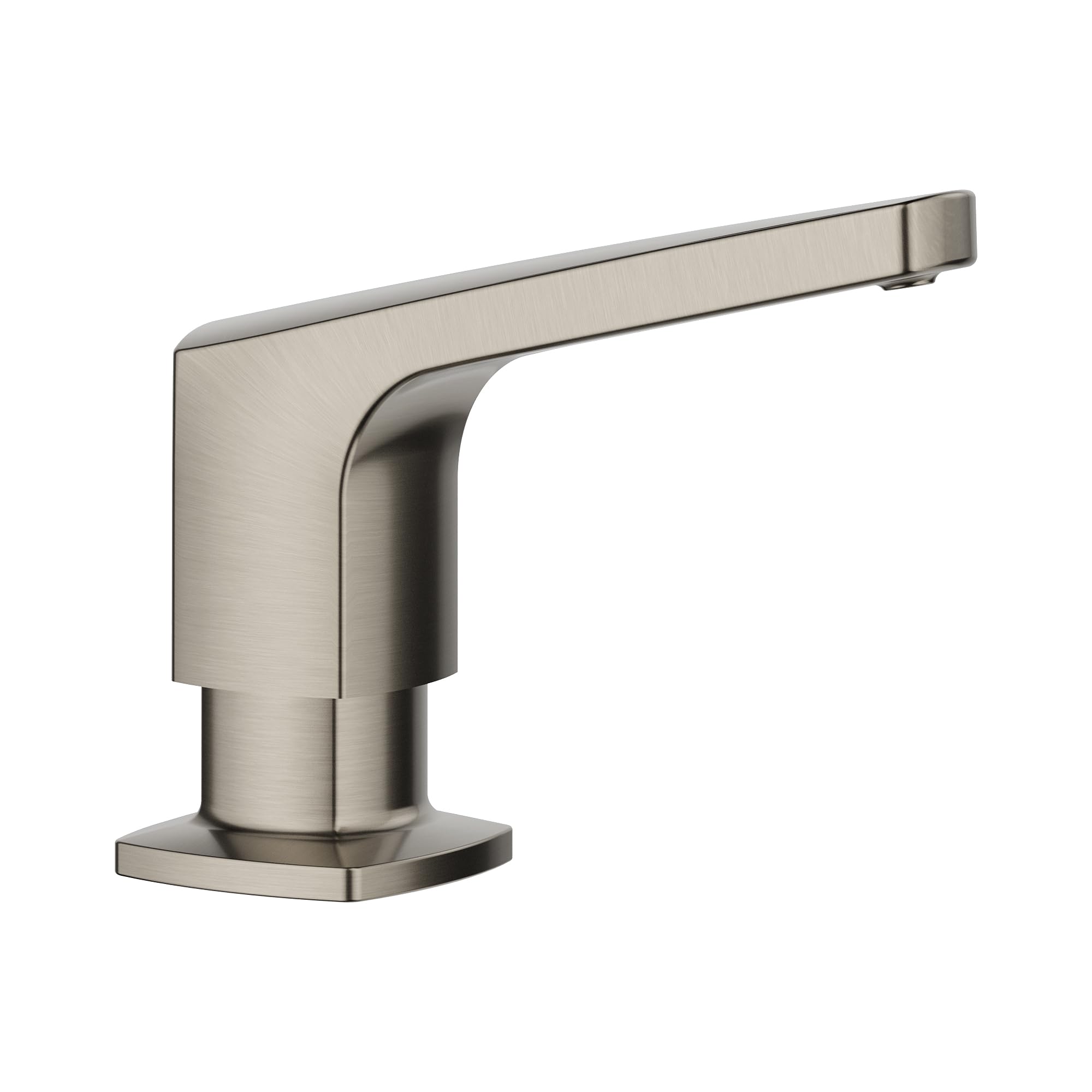Satin platinum soap dispenser with angular design, cylindrical pump body, and rectangular spout.