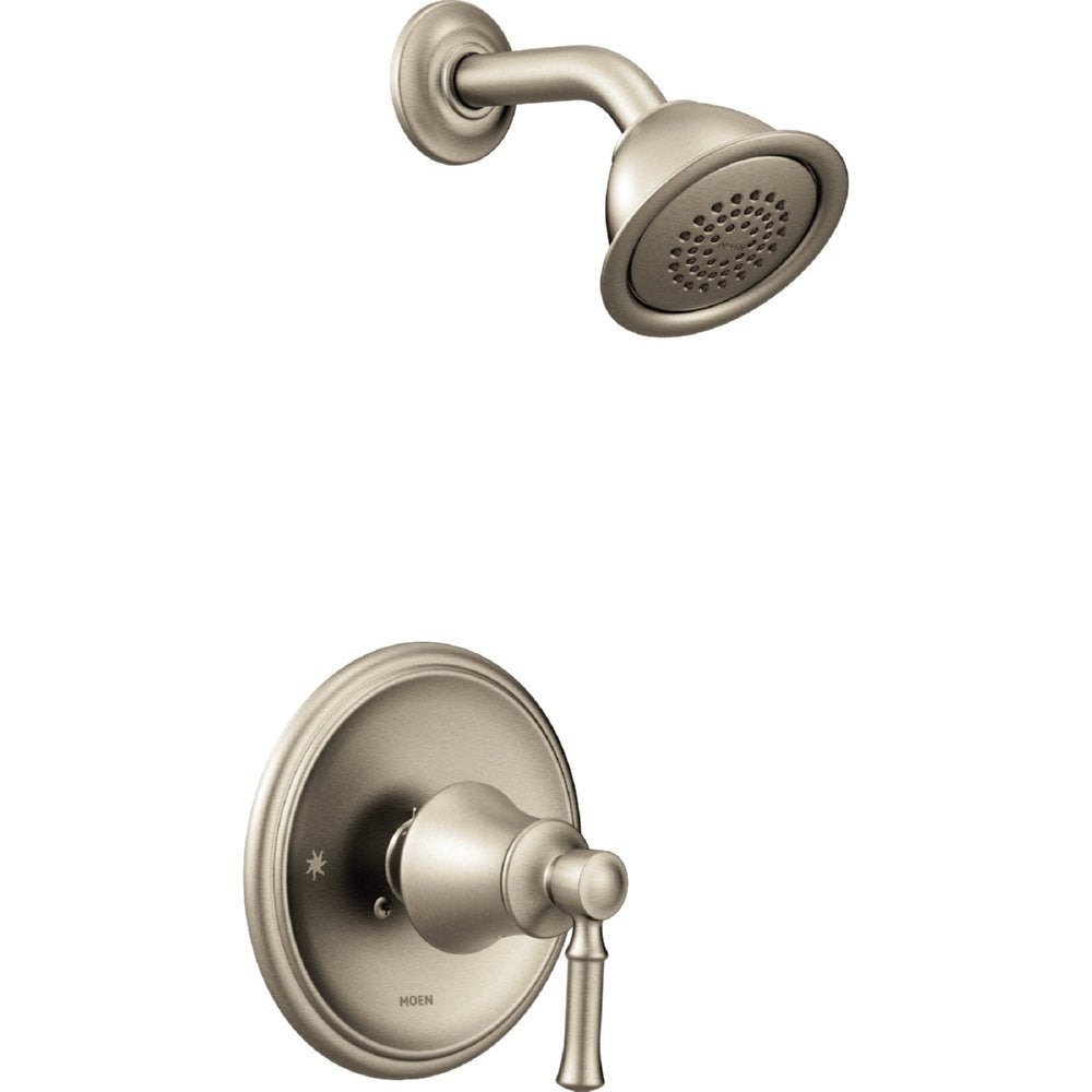 Brushed nickel shower valve with round escutcheon plate, lever handle, and matching showerhead with perforations.