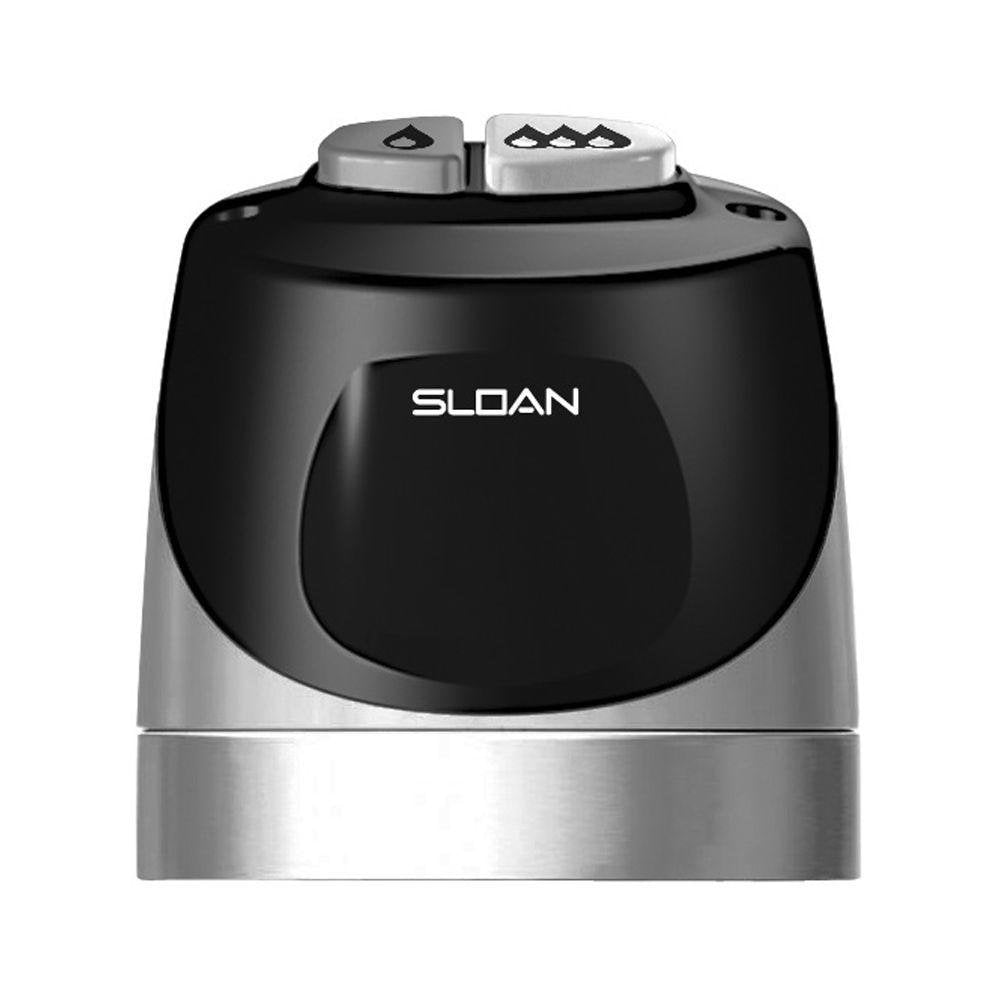 Sloan exposed sensor flushometer with black and stainless steel body and dual control knobs on top.