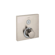 Square brushed nickel shower valve trim with power button on top and rotary temperature control dial below.