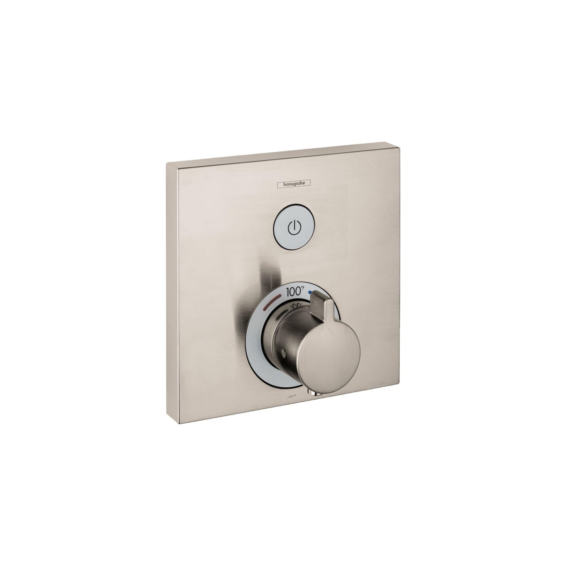 Square brushed nickel shower valve trim with power button on top and rotary temperature control dial below.