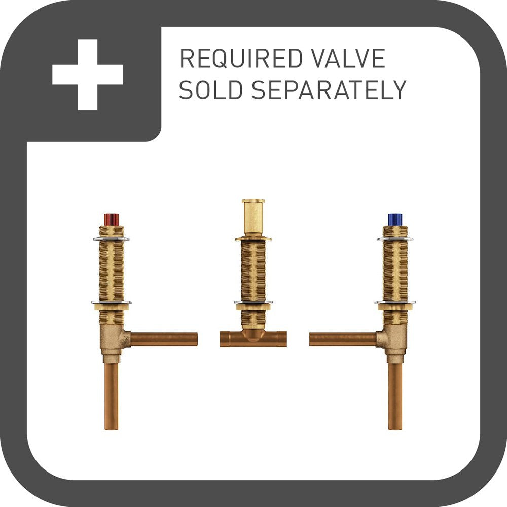 Brass deck mount roman tub faucet trim with two side handles, center spout, and color-coded hot and cold indicators.