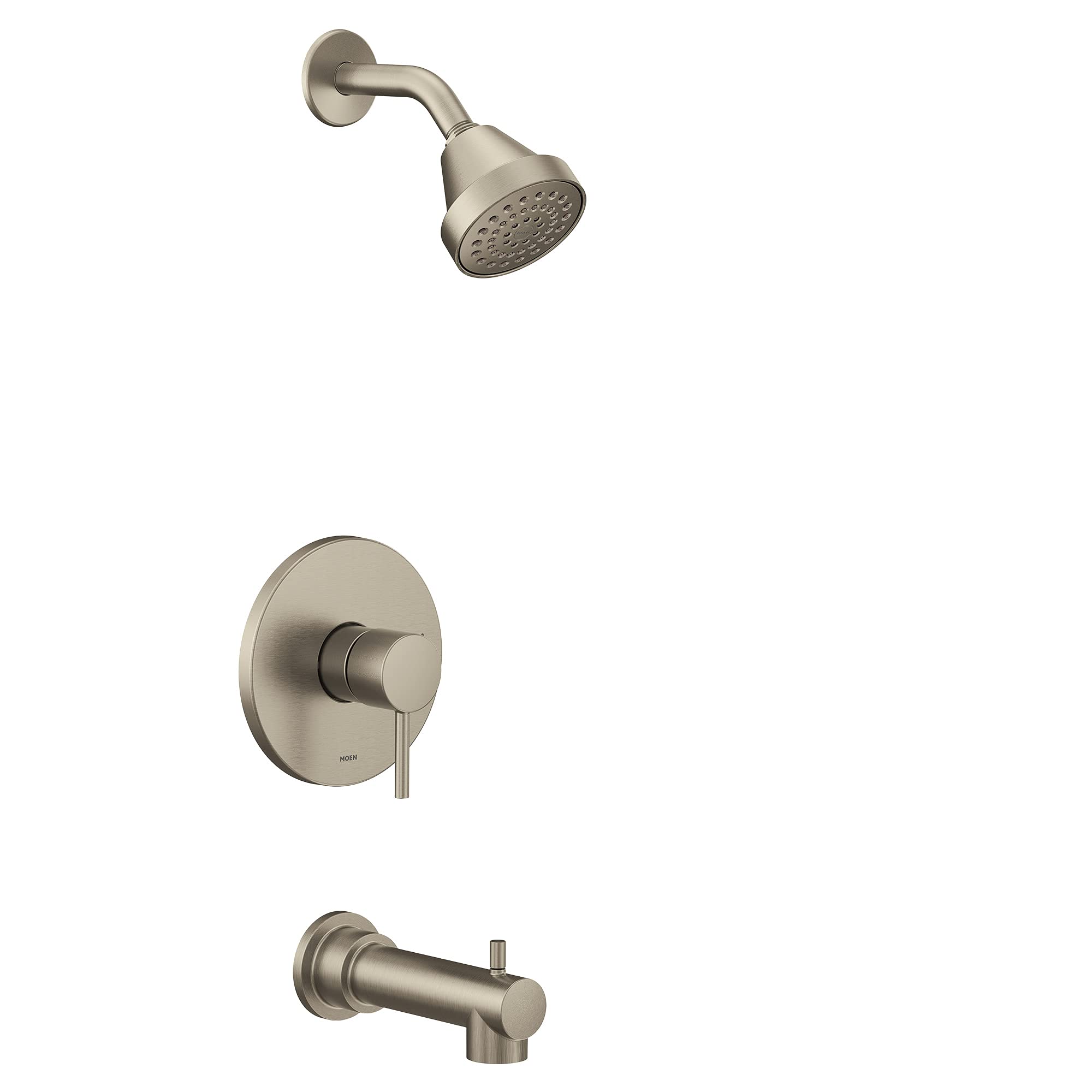 Brushed nickel tub and shower trim kit with single handle valve, showerhead with perforated face, and tub spout.